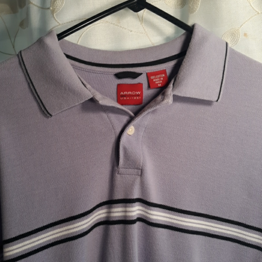 Arrow polo,mens M,purple w/black/white stripes